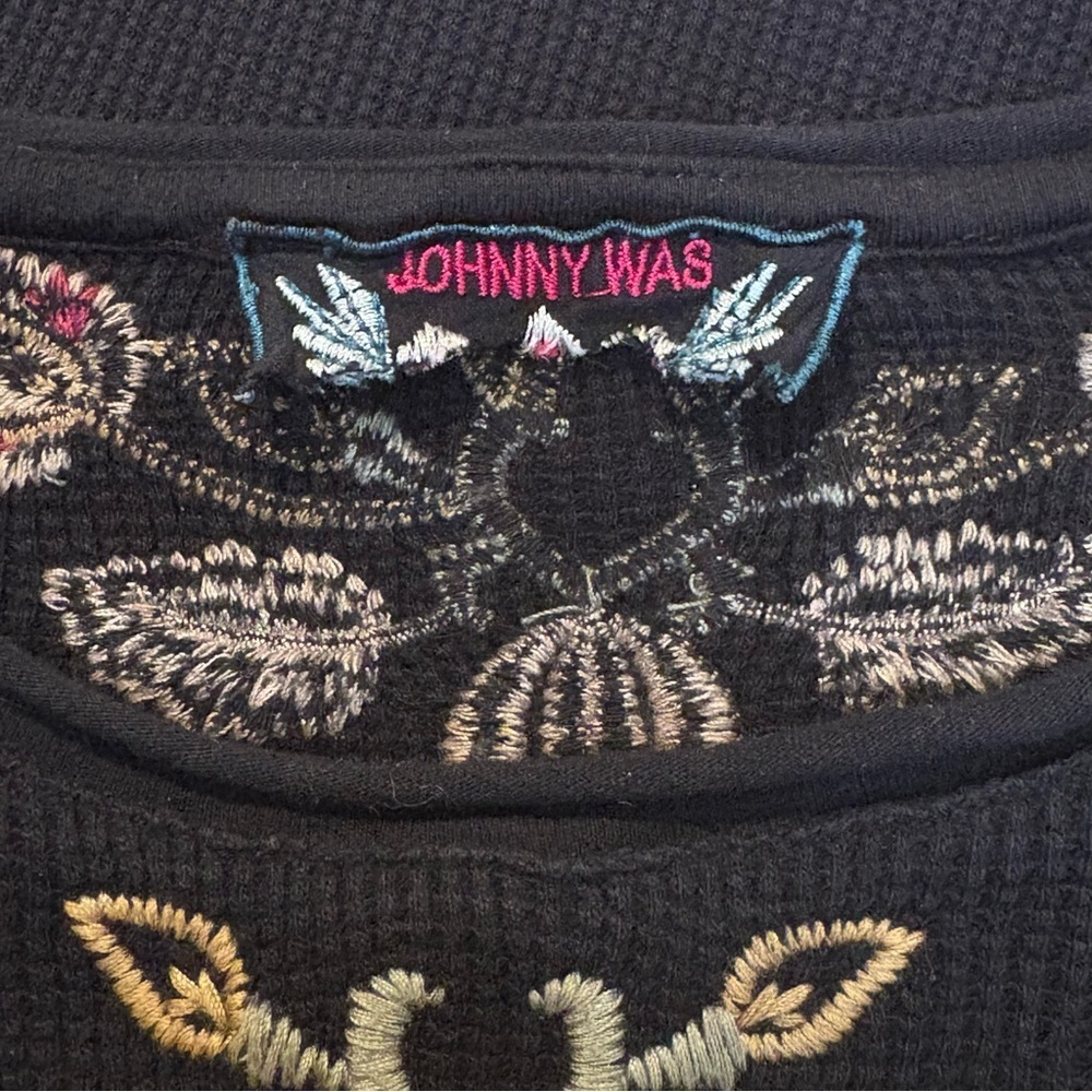 Johnny Was Black Floral Embroidery Thermal Long Sleeve Top Size S/M - Picture 6 of 7